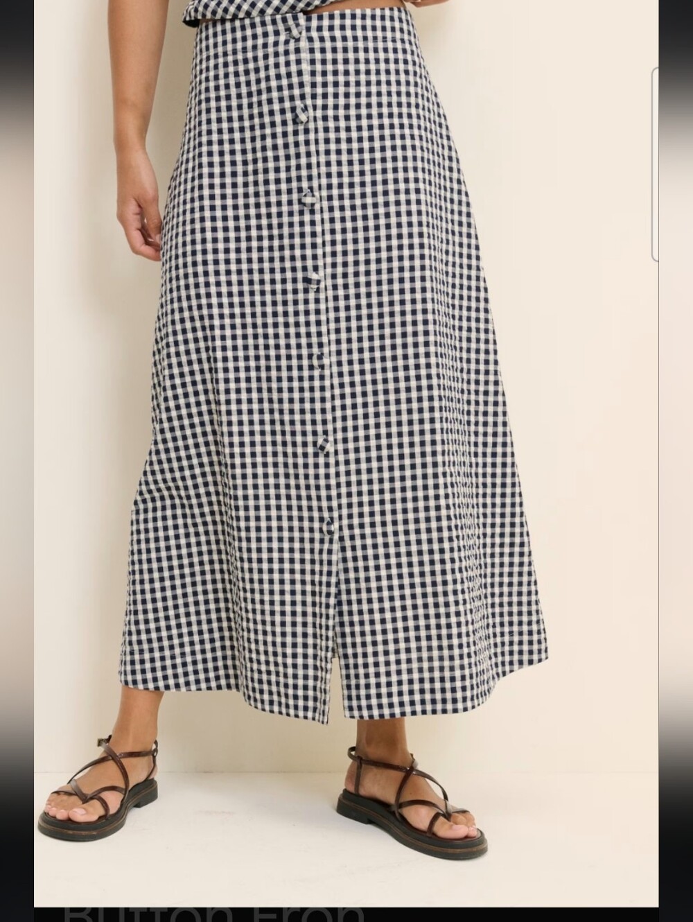 Gingham Button-Front Maxi Skirt in Navy and White